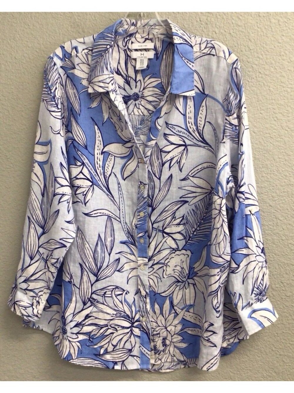 Halston Blouse Women’s Linen Blue Floral Roll Tab Sleeve Button Shirt Size 1X